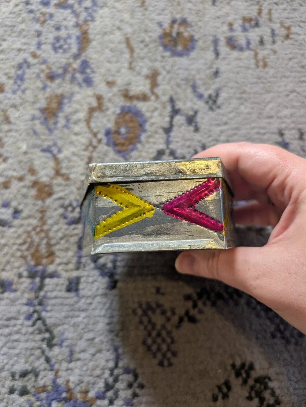 Vintage‎ Mexican Punched Tin Trinket Box With Floral Design Handmade Folk Art